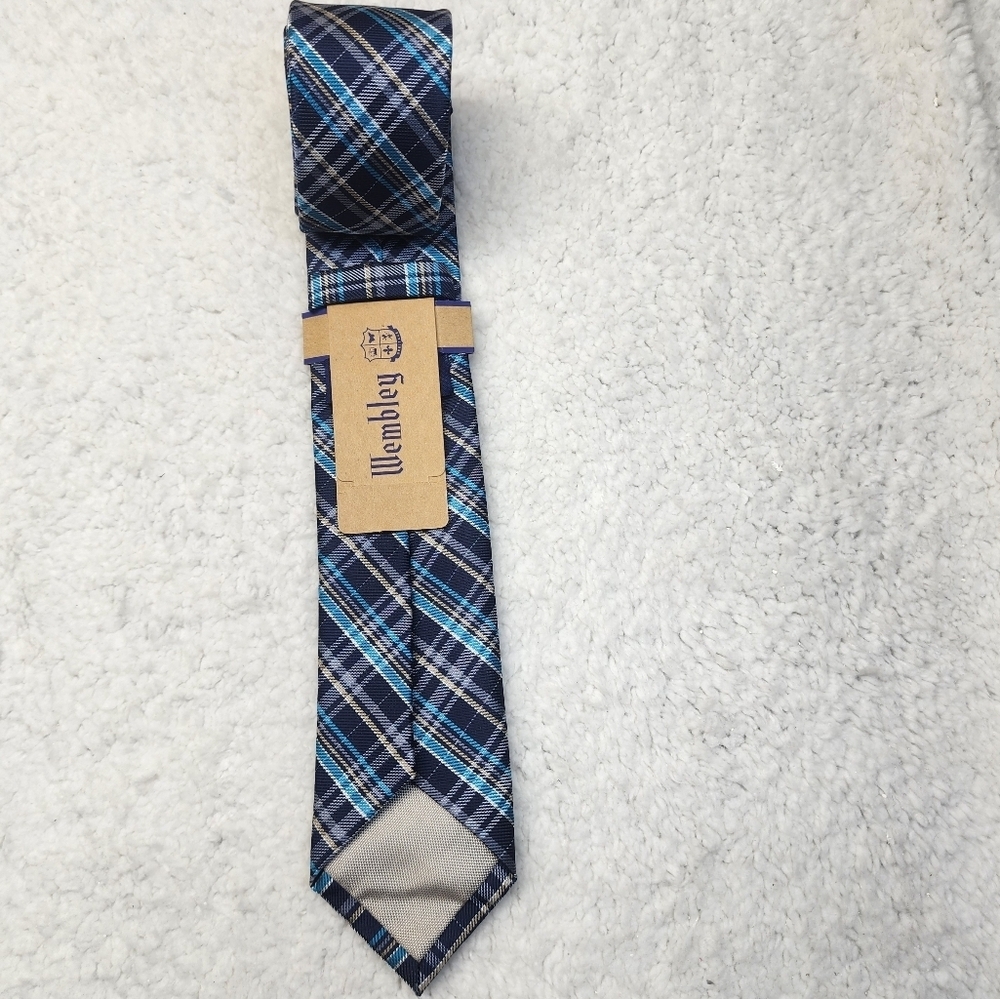 Wembley Aqua Blue Plaid Men's Tie - Picture 2 of 8